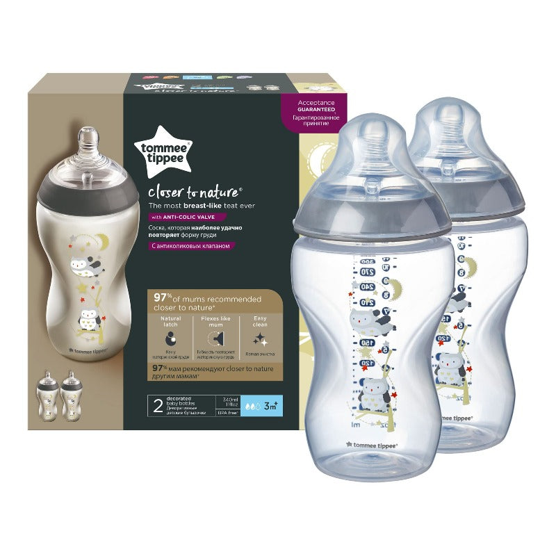 Tommee Tippee Closer to Nature Decorated Grey Baby Bottle, 340 ml, 2 Pack | Nation's Fave